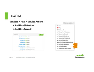Page 12 © Hortonworks Inc. 2011 – 2015. All Rights Reserved
Hive HA
Services > Hive > Service Actions
+ Add Hive Metastore
+ Add HiveServer2
 