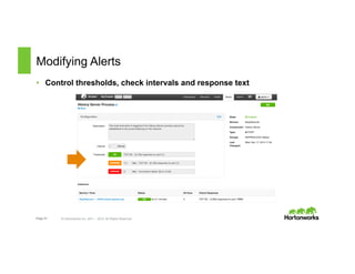 Page 21 © Hortonworks Inc. 2011 – 2015. All Rights Reserved
Modifying Alerts
•  Control thresholds, check intervals and response text
 
