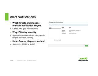 Page 23 © Hortonworks Inc. 2011 – 2015. All Rights Reserved
Alert Notifications
•  What: Create and manage
multiple notification targets
•  Control who gets notified when
•  Why: Filter by severity
•  Send only certain notifications to certain
targets based on severity
•  How: Control dispatch method
•  Support for EMAIL + SNMP
 