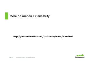 Page 42 © Hortonworks Inc. 2011 – 2015. All Rights Reserved
More on Ambari Extensibility
http://hortonworks.com/partners/learn/#ambari
 