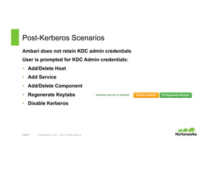Page 56 © Hortonworks Inc. 2011 – 2015. All Rights Reserved
Post-Kerberos Scenarios
Ambari does not retain KDC admin credentials
User is prompted for KDC Admin credentials:
•  Add/Delete Host
•  Add Service
•  Add/Delete Component
•  Regenerate Keytabs
•  Disable Kerberos
 