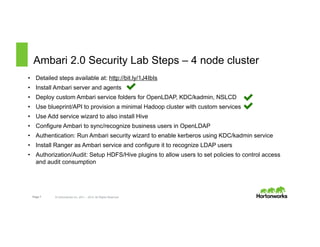 Page 7 © Hortonworks Inc. 2011 – 2015. All Rights Reserved
Ambari 2.0 Security Lab Steps – 4 node cluster
•  Detailed steps available at: http://bit.ly/1J4IbIs
•  Install Ambari server and agents
•  Deploy custom Ambari service folders for OpenLDAP, KDC/kadmin, NSLCD
•  Use blueprint/API to provision a minimal Hadoop cluster with custom services
•  Use Add service wizard to also install Hive
•  Configure Ambari to sync/recognize business users in OpenLDAP
•  Authentication: Run Ambari security wizard to enable kerberos using KDC/kadmin service
•  Install Ranger as Ambari service and configure it to recognize LDAP users
•  Authorization/Audit: Setup HDFS/Hive plugins to allow users to set policies to control access
and audit consumption
 