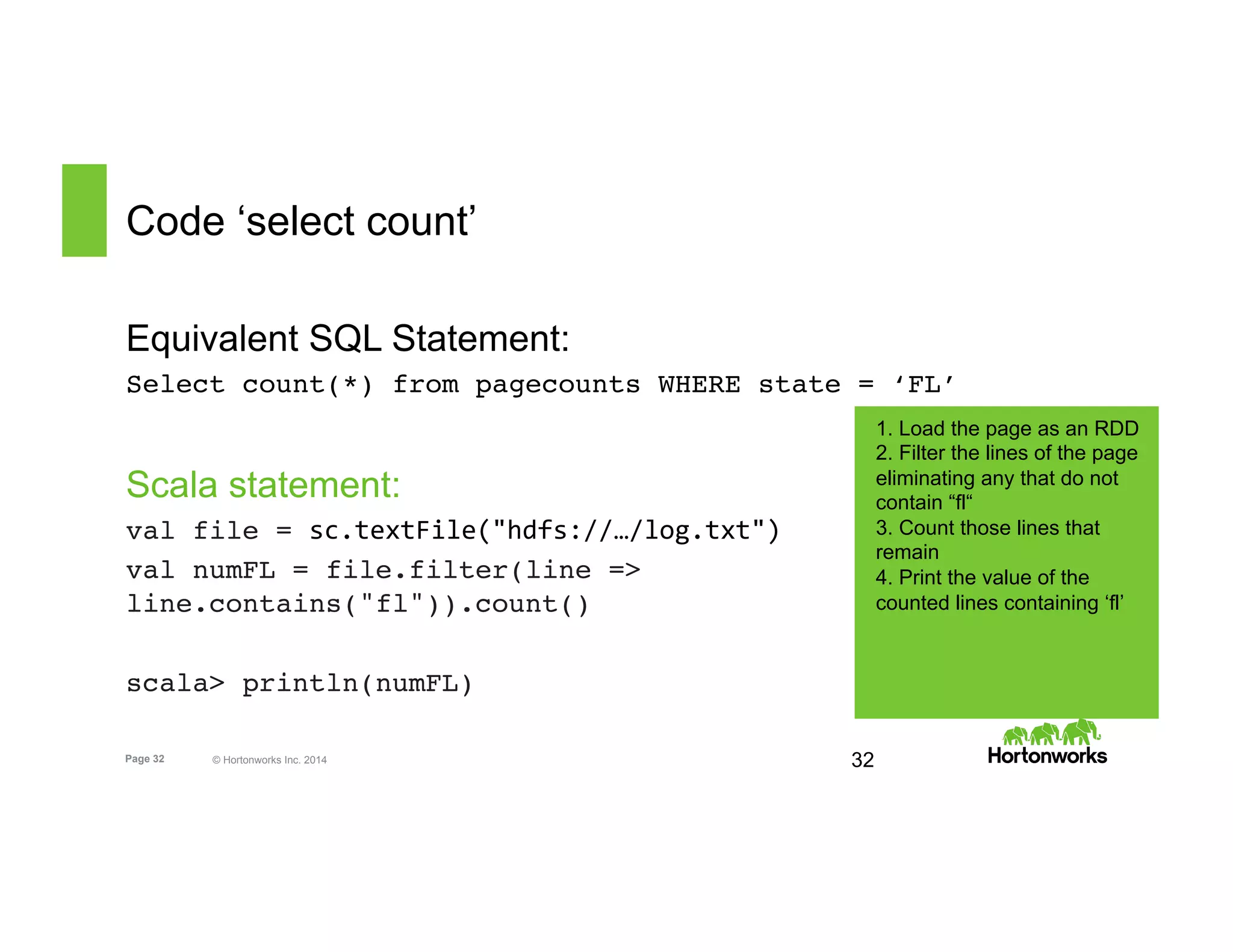 Page 32 © Hortonworks Inc. 2014
Code ‘select count’
Equivalent SQL Statement:
Select count(*) from pagecounts WHERE state = ‘FL’
Scala statement:
val file = sc.textFile("hdfs://…/log.txt")
val numFL = file.filter(line =>
line.contains("fl")).count()
scala> println(numFL)
32
1. Load the page as an RDD
2. Filter the lines of the page
eliminating any that do not
contain “fl“
3. Count those lines that
remain
4. Print the value of the
counted lines containing ‘fl’
 