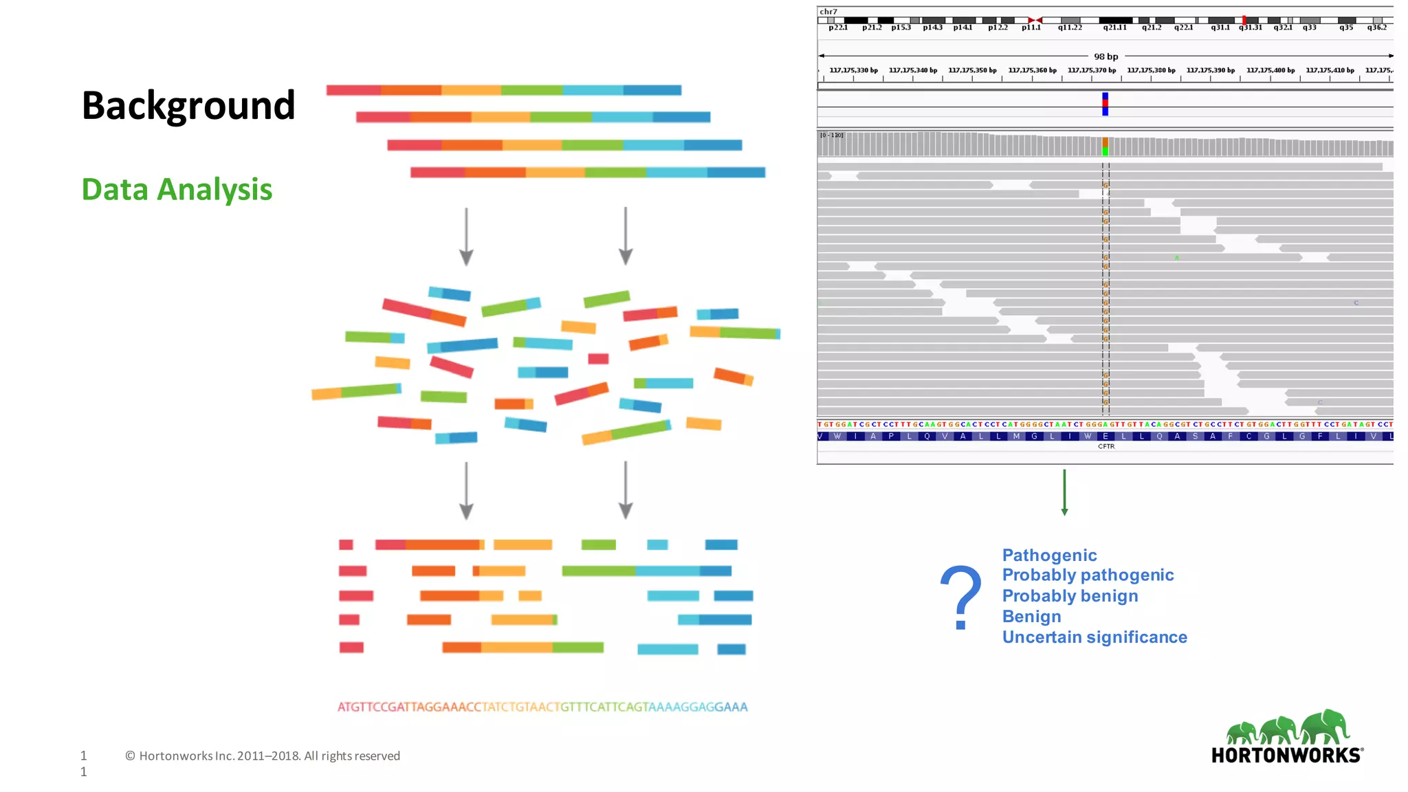 1
1
©	Hortonworks	Inc.	2011–2018.	All	rights	reserved
Data	Analysis
Background
Pathogenic
Probably pathogenic
Probably benign
Benign
Uncertain significance
?
 