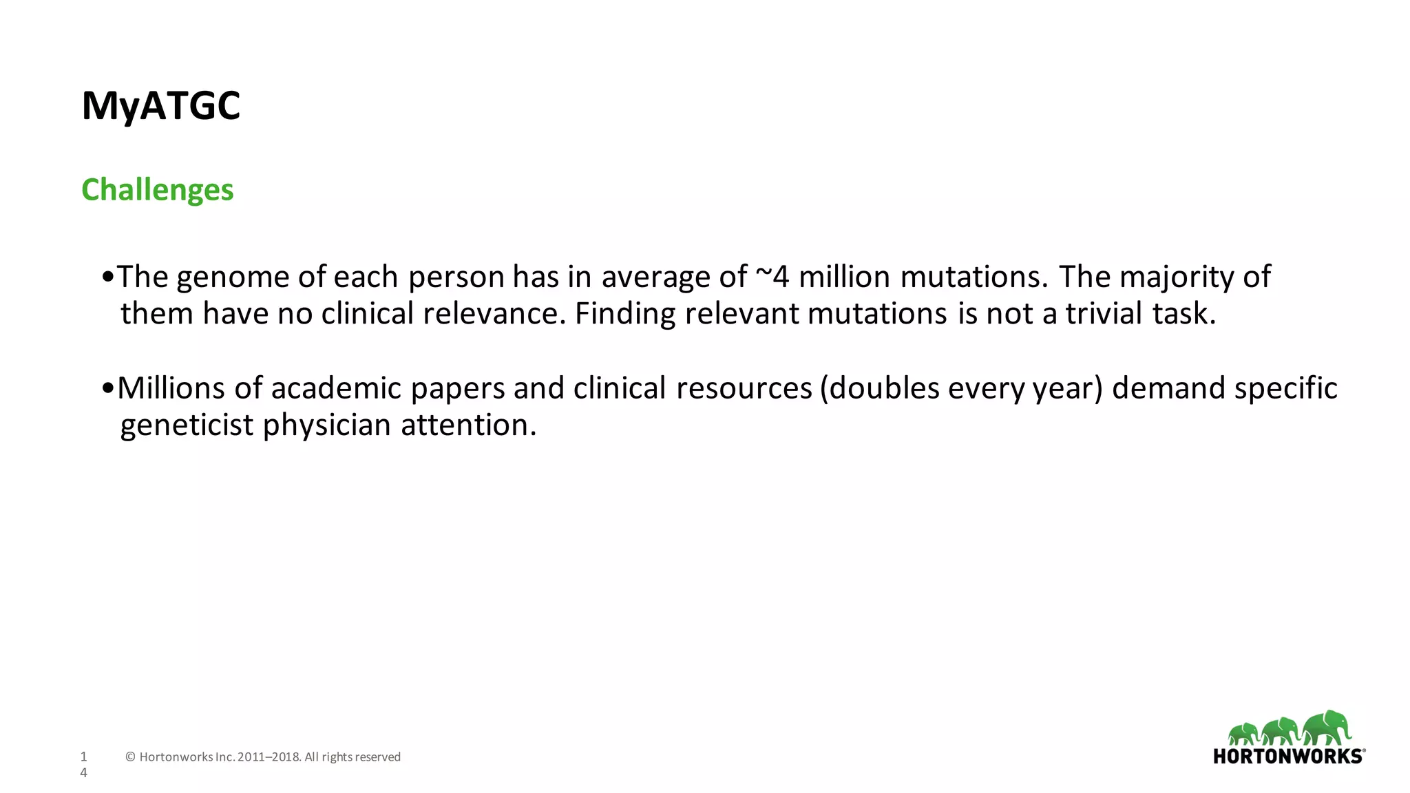 1
4
©	Hortonworks	Inc.	2011–2018.	All	rights	reserved
•The	genome	of	each	person	has	in	average	of	~4	million	mutations.	The	majority	of	
them	have	no	clinical	relevance.	Finding	relevant	mutations	is	not	a	trivial	task.
•Millions	of	academic	papers	and	clinical	resources	(doubles	every	year)	demand	specific	
geneticist	physician	attention.
Challenges
MyATGC
 