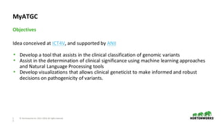 1
3
©	Hortonworks	Inc.	2011–2018.	All	rights	reserved
Idea	conceived	at	ICT4V,	and	supported	by	ANII
• Develop	a	tool	that	assists	in	the	clinical	classification	of	genomic	variants
• Assist	in	the	determination	of	clinical	significance	using	machine	learning	approaches	
and	Natural	Language	Processing	tools
• Develop	visualizations	that	allows	clinical	geneticist	to	make	informed	and	robust	
decisions	on	pathogenicity	of	variants.
Objectives
MyATGC
 