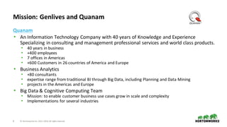 8 ©	Hortonworks	Inc.	2011–2018.	All	rights	reserved
• An	Information	Technology	Company	with	40	years	of	Knowledge	and	Experience
Specializing	in	consulting	and	management	professional	services	and	world	class	products.
• 40	years	in	business	
• +400	employees	
• 7	offices	in	Americas
• +600	Customers	in	26	countries	of	America	and	Europe
• Business	Analytics
• +80	consultants
• expertise	range	from	traditional	BI	through	Big	Data,	including	Planning	and	Data	Mining
• projects	in	the	Americas	and	Europe
• Big	Data	&	Cognitive	Computing	Team
• Mission:	to	enable	customer	business	use	cases	grow	in	scale	and	complexity
• Implementations	for	several	industries	
Quanam
Mission:	Genlives	and	Quanam
 