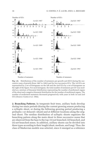 2. Branching Patterns. In temperate fruit trees, axillary buds develop
during two main periods (during the current growing season producing
a sylleptic shoot, or during the following growing period producing a
proleptic—or delayed—shoot) and at different locations along the orig-
inal shoot. The median distribution of sylleptic shoots organizes the
branching pattern along the main shoot in three successive zones that
are observed from the base to the top: (1) not branched, (2) branched, and
(3) not branched zones. In addition, axillary shoots can be divided into
three types according to their length (short, medium, and long). Thus, the
class of Markovian models was selected, since it emerged as a reference
18 E. COSTES, P. É. LAURI, AND J. L. REGNARD
Number of GUs
1st GU 1987
1st GU 1988
1st GU 1989
1st GU 1990
1st GU 1991
2nd GU 1987
2nd GU 1988
2nd GU 1989
2nd GU 1990
2nd GU 1991
Number of GUs
Number of metamers Number of metamers
Fig. 1.9. Distributions of the number of metamers per growth unit (GU) during the suc-
cessive years of growth (from 1987 to 1991) and for two successive GUs. The 1st GUs are
represented by a set of histograms on the left and the 2nd GUs by a set of histograms on
the right of the figure. For each histogram, the total number of metamers per GU was mod-
eled as a mixture of binomial distribution representing the number of preformed organs
of the shoot and a negative binomial distribution for the number of neoformed organs. The
number of neoformed metamers decreased progressively with years in both 1st and 2nd
GUs (Source: Costes et al. 1992).
 