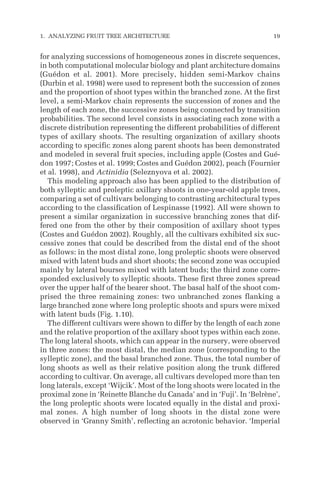 for analyzing successions of homogeneous zones in discrete sequences,
in both computational molecular biology and plant architecture domains
(Guédon et al. 2001). More precisely, hidden semi-Markov chains
(Durbin et al. 1998) were used to represent both the succession of zones
and the proportion of shoot types within the branched zone. At the first
level, a semi-Markov chain represents the succession of zones and the
length of each zone, the successive zones being connected by transition
probabilities. The second level consists in associating each zone with a
discrete distribution representing the different probabilities of different
types of axillary shoots. The resulting organization of axillary shoots
according to specific zones along parent shoots has been demonstrated
and modeled in several fruit species, including apple (Costes and Gué-
don 1997; Costes et al. 1999; Costes and Guédon 2002), peach (Fournier
et al. 1998), and Actinidia (Seleznyova et al. 2002).
This modeling approach also has been applied to the distribution of
both sylleptic and proleptic axillary shoots in one-year-old apple trees,
comparing a set of cultivars belonging to contrasting architectural types
according to the classification of Lespinasse (1992). All were shown to
present a similar organization in successive branching zones that dif-
fered one from the other by their composition of axillary shoot types
(Costes and Guédon 2002). Roughly, all the cultivars exhibited six suc-
cessive zones that could be described from the distal end of the shoot
as follows: in the most distal zone, long proleptic shoots were observed
mixed with latent buds and short shoots; the second zone was occupied
mainly by lateral bourses mixed with latent buds; the third zone corre-
sponded exclusively to sylleptic shoots. These first three zones spread
over the upper half of the bearer shoot. The basal half of the shoot com-
prised the three remaining zones: two unbranched zones flanking a
large branched zone where long proleptic shoots and spurs were mixed
with latent buds (Fig. 1.10).
The different cultivars were shown to differ by the length of each zone
and the relative proportion of the axillary shoot types within each zone.
The long lateral shoots, which can appear in the nursery, were observed
in three zones: the most distal, the median zone (corresponding to the
sylleptic zone), and the basal branched zone. Thus, the total number of
long shoots as well as their relative position along the trunk differed
according to cultivar. On average, all cultivars developed more than ten
long laterals, except ‘Wijcik’. Most of the long shoots were located in the
proximal zone in ‘Reinette Blanche du Canada’ and in ‘Fuji’. In ‘Belrène’,
the long proleptic shoots were located equally in the distal and proxi-
mal zones. A high number of long shoots in the distal zone were
observed in ‘Granny Smith’, reflecting an acrotonic behavior. ‘Imperial
1. ANALYZING FRUIT TREE ARCHITECTURE 19
 