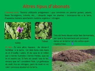 Altres tipus d’abonats L’abonat verd . Tècnica utilitzada antigament i que consisteix en plantar guixes, pésols, faves farratgeres, trévols, etc., i després segar les plantes i incorporar-les a la terra, d’aquesta manera aportarem matèria orgànica i nitrogen.  Guixa Trévol El fem . És una altra manera  de donar-li fertilitat  a la terra . Un dels fems més bons és el d’ovella i cabra. El de vaca és el millor per a terres humides i terres fredes, que no és el nostre cas. El fem de cavall i ase és bo, encara que se’l considera fluix. La gallinassa és molt rica en nitrogen, però és molt ric en calci i provoca alcalosi en la terra.  Tots els fems deuen estar ben fermentats,  per què la fermentació pot provocar danys en la terra i en els cultius quan s’aplica fresc. 