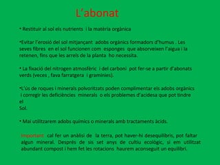 L’abonat Restituir al sol els nutrients  i la matèria orgànica Evitar l’erosió del sol mitjançant  adobs orgànics formadors d’humus . Les seves fibres  en el sol funcionen com  esponges  que absorveixen l’aigua i la retenen, fins que les arrels de la planta  ho necessita. La fixació del nitrogen atmosfèric  i del carboni  pot fer-se a partir d’abonats verds (veces , fava farratgera  i gramínies).  L’ús de roques i minerals polvoritzats poden complimentar els adobs orgànics  i corregir les deficiències  minerals  o els problemes d’acidesa que pot tindre el Sol. Mai utilitzarem adobs químics o minerals amb tractaments àcids.  Important   cal fer un anàlisi de  la terra, pot haver-hi desequilibris, pot faltar  algun mineral. Després de sis set anys de cultiu ecològic, si em utilitzat abundant compost i hem fet les rotacions  haurem aconseguit un equilibri. 