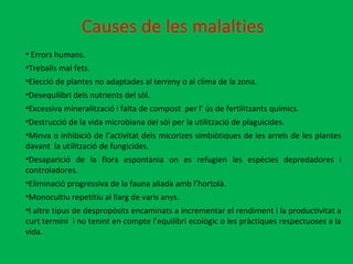 Causes de les malalties Errors humans. Treballs mal fets. Elecció de plantes no adaptades al terreny o al clima de la zona. Desequilibri dels nutrients del sòl. Excessiva mineralització i falta de compost  per l’ ús de fertilitzants químics. Destrucció de la vida microbiana del sòl per la utilització de plaguicides. Minva o inhibició de l’activitat dels micorizes simbiòtiques de les arrels de les plantes davant  la utilització de fungicides. Desaparició de la flora espontània on es refugien les espècies depredadores i controladores. Eliminació progressiva de la fauna aliada amb l’hortolà. Monocultiu repetitiu al llarg de varis anys. I altre tipus de despropòsits encaminats a incrementar el rendiment i la productivitat a curt termini  i no tenint en compte l’equilibri ecològic o les pràctiques respectuoses a la vida.  