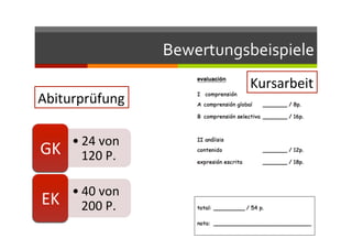 Bewertungsbeispiele	
  
Abiturprüfung	
  
Kursarbeit	
  
• 24	
  von	
  
120	
  P.	
  GK	
  
• 40	
  von	
  
200	
  P.	
  EK	
  
 
