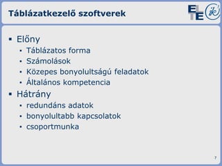 Táblázatkezelő szoftverek

 Előny
▪
▪
▪
▪

Táblázatos forma
Számolások
Közepes bonyolultságú feladatok
Általános kompetencia

 Hátrány
▪ redundáns adatok
▪ bonyolultabb kapcsolatok
▪ csoportmunka

7

 