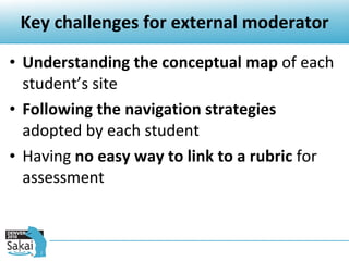 Key challenges for external moderator Understanding the conceptual map  of each student’s site  Following the navigation strategies  adopted by each student Having  no easy way to link to a rubric  for assessment 