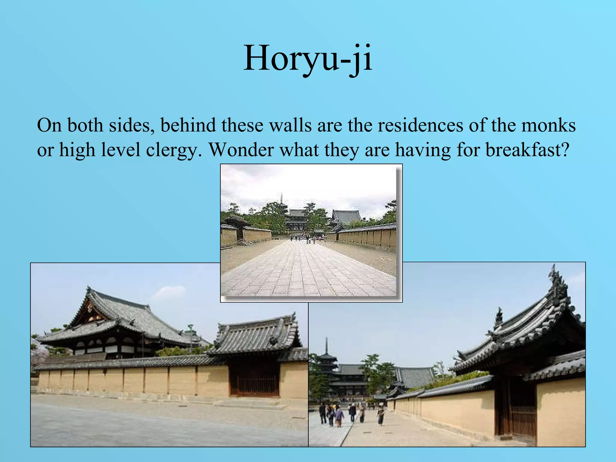 Horyu-ji On both sides, behind these walls are the residences of the monks or high level clergy. Wonder what they are having for breakfast? 