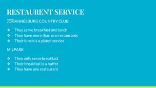 RESTAURENT SERVICE
JOHANNESBURG COUNTRY CLUB
❖ They serve breakfast and lunch
❖ They have more than one restaurants
❖ Their lunch is a plated service
MILPARK
❖ They only serve breakfast
❖ Their breakfast is a buffet
❖ They have one restaurant
 