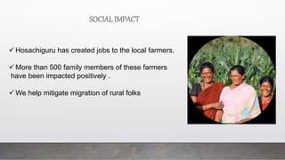  Hosachiguru has created jobs to the local farmers.
 More than 500 family members of these farmers
have been impacted positively .
 We help mitigate migration of rural folks
SOCIAL IMPACT
 
