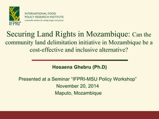 Securing Land Rights in Mozambique: Can the
community land delimitation initiative in Mozambique be a
cost-effective and inclusive alternative?
Hosaena Ghebru (Ph.D)
Presented at a Seminar “IFPRI-MSU Policy Workshop”
November 20, 2014
Maputo, Mozambique
 