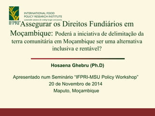 Assegurar os Direitos Fundiários em
Moçambique: Poderá a iniciativa de delimitação da
terra comunitária em Moçambique ser uma alternativa
inclusiva e rentável?
Hosaena Ghebru (Ph.D)
Apresentado num Seminário “IFPRI-MSU Policy Workshop”
20 de Novembro de 2014
Maputo, Moçambique
 
