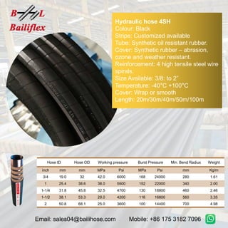 Mobile: +86 175 3182 7096
Email: sales04@bailihose.com
Hydraulic hose 4SH
Colour: Black
Stripe: Customized available
Tube: Synthetic oil resistant rubber.
Cover: Synthetic rubber – abrasion,
ozone and weather resistant.
Reinforcement: 4 high tensile steel wire
spirals.
Size Available: 3/8: to 2”
Temperature: -40°C +100°C
Cover: Wrap or smooth
Length: 20m/30m/40m/50m/100m
Hose ID Hose OD Working pressure Burst Pressure Min. Bend Radius Weight
inch mm mm MPa Psi MPa Psi mm Kg/m
3/4 19.0 32 42.0 6000 168 24000 280 1.61
1 25.4 38.6 38.0 5500 152 22000 340 2.00
1-1/4 31.8 45.8 32.5 4700 130 18800 460 2.46
1-1/2 38.1 53.3 29.0 4200 116 16800 560 3.35
2 50.8 68.1 25.0 3600 100 14400 700 4.98
 