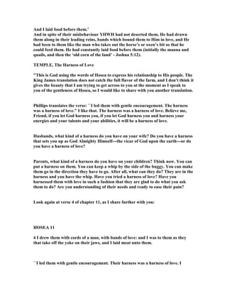 And I laid food before them.’
And in spite of their misbehaviour YHWH had not deserted them. He had drawn
them along in their leading reins, bands which bound them to Him in love, and He
had been to them like the man who takes out the horse’s or oxen’s bit so that he
could feed them. He had constantly laid food before them (initially the manna and
quails, and then the ‘old corn of the land’ - Joshua 5:12).
TEMPLE, The Harness of Love
"This is God using the words of Hosea to express his relationship to His people. The
King James translation does not catch the full flavor of the farm, and I don't think it
gives the beauty that I am trying to get across to you at the moment as I speak to
you of the gentleness of Hosea, so I would like to share with you another translation.
Phillips translates the verse: ``I led them with gentle encouragement. The harness
was a harness of love." I like that. The harness was a harness of love. Believe me,
Friend, if you let God harness you, if you let God harness you and harness your
energies and your talents and your abilities, it will be a harness of love.
Husbands, what kind of a harness do you have on your wife? Do you have a harness
that sets you up as God Almighty Himself---the vicar of God upon the earth---or do
you have a harness of love?
Parents, what kind of a harness do you have on your children? Think now. You can
put a harness on them. You can keep a whip by the side of the buggy. You can make
them go in the direction they have to go. After all, what can they do? They are in the
harness and you have the whip. Have you tried a harness of love? Have you
harnessed them with love in such a fashion that they are glad to do what you ask
them to do? Are you understanding of their needs and ready to ease their pain?
Look again at verse 4 of chapter 11, as I share further with you:
HOSEA 11
4 I drew them with cords of a man, with bands of love: and I was to them as they
that take off the yoke on their jaws, and I laid meat unto them.
``I led them with gentle encouragement. Their harness was a harness of love. I
 