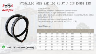 HYDRAULIC HOSE SAE 100 R1 AT / DIN EN853 1SN
Specification:
Hose Structure:
Inner tube: seamless oil resistant synthetic rubber
Reinforcement：1 high tensile steel wire braid
Outer tube：black, oil, weather and abrasion resistant synthetic rubber
Safety factor: 4: 1
Application: petroleum base hydraulic fluids
Temperature range: -40℃(-40°F)+100℃(+212°F);
Hose ID Hose OD Working pressure Burst Pressure Min. Bend Radius Weight
inch mm mm MPa Psi MPa Psi mm Kg/m
3/16 4.8 11.8 25.0 3630 100 14280 90 0.19
1/4 6.4 13.4 22.5 3270 90 12840 100 0.21
5/16 7.9 15.0 21.5 3120 85 12280 115 0.24
3/8 9.5 17.4 18.0 2610 72 10280 130 0.33
1/2 12.7 20.6 16.0 2320 64 9180 180 0.41
5/8 15.9 23.7 13.0 1890 52 7420 200 0.45
3/4 19.0 27.7 10.5 1530 42 6000 240 0.58
1 25.4 35.6 8.8 1280 35 5020 300 0.88
1-1/4 31.8 43.5 6.3 920 25 3600 420 1.23
1-1/2 38.1 50.6 5.0 730 20 2860 500 1.51
2 50.8 64.0 4.0 580 16 2280 630 1.97
+86 175 3182 7096（Mobile）
 