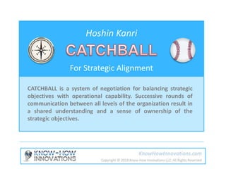 Hoshin Kanri
For Strategic Alignment
CATCHBALL is a system of negotiation for balancing strategic
objectives with operational capability. Successive rounds of
communication between all levels of the organization result in
a shared understanding and a sense of ownership of the
strategic objectives.
 
