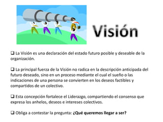  La Visión es una declaración del estado futuro posible y deseable de la 
organización. 
 La principal fuerza de la Visión no radica en la descripción anticipada del 
futuro deseado, sino en un proceso mediante el cual el sueño o las 
indicaciones de una persona se convierten en los deseos factibles y 
compartidos de un colectivo. 
 Esta concepción fortalece el Liderazgo, compartiendo el consenso que 
expresa los anhelos, deseos e intereses colectivos. 
 Obliga a contestar la pregunta: ¿Qué queremos llegar a ser? 
 