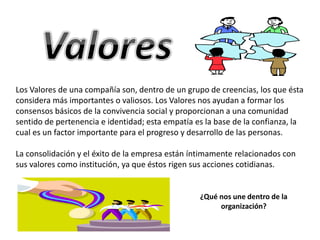 Los Valores de una compañía son, dentro de un grupo de creencias, los que ésta 
considera más importantes o valiosos. Los Valores nos ayudan a formar los 
consensos básicos de la convivencia social y proporcionan a una comunidad 
sentido de pertenencia e identidad; esta empatía es la base de la confianza, la 
cual es un factor importante para el progreso y desarrollo de las personas. 
La consolidación y el éxito de la empresa están íntimamente relacionados con 
sus valores como institución, ya que éstos rigen sus acciones cotidianas. 
¿Qué nos une dentro de la 
organización? 
 