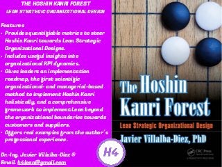 THE HOSHIN KANRI FOREST
LEAN STRATEGIC ORGANIZATIONAL DESIGN
Features
• Provides quantifiable metrics to steer
Hoshin Kanri towards Lean Strategic
Organizational Designs.
• Includes useful insights into
organizational KPI dynamics.
• Gives leaders an implementation
roadmap, the first scientific
organizational- and managerial-based
method to implement Hoshin Kanri
holistically, and a comprehensive
framework to implement Lean beyond
the organizational boundaries towards
customers and suppliers.
• Offers real examples from the author´s
professional experience.
Dr.-Ing. Javier Villalba-Diez ®
Email. h4lean@gmail.com
 