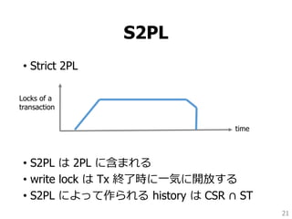 S2PL
• Strict 2PL
• S2PL は 2PL に含まれる
• write lock は Tx 終了時に一気に開放する
• S2PL によって作られる history は CSR ∩ ST
21
Locks of a
transaction
time
 
