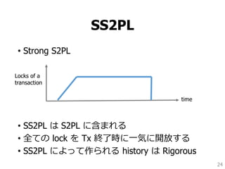SS2PL
• Strong S2PL
• SS2PL は S2PL に含まれる
• 全ての lock を Tx 終了時に一気に開放する
• SS2PL によって作られる history は Rigorous
24
Locks of a
transaction
time
 