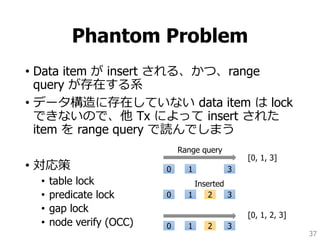 Phantom Problem
• Data item が insert される、かつ、range
query が存在する系
• データ構造に存在していない data item は lock
できないので、他 Tx によって insert された
item を range query で読んでしまう
• 対応策
• table lock
• predicate lock
• gap lock
• node verify (OCC)
37
0 1 3
0 1 32
0 1 32
Inserted
[0, 1, 3]
[0, 1, 2, 3]
Range query
 