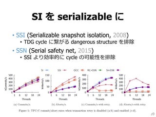 SI を serializable に
• SSI (Serializable snapshot isolation, 2008)
• TDG cycle に繋がる dangerous structure を排除
• SSN (Serial safety net, 2015)
• SSI より効率的に cycle の可能性を排除
39
 