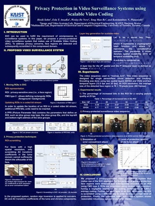 Privacy Protection in Video Surveillance Systems using
                                                                        Scalable Video Coding
                                                     Hosik Sohn1, Esla T. AnzaKu1, Wesley De Neve1, Yong Man Ro1, and Konstantinos N. Plataniotis2
                                                      1Image and Video Systems Lab, Department of Electrical Engineering, KAIST, Daejeon, Korea
                                               2Multimedia Lab, Department of Electrical and Computer Engineering, University of Toronto, Toronto, Canada



I. INTRODUCTION
                                                                                                                                                              Layer key generation for scalable video
 SVC can be used to fulfill the requirement of omnipresence in
                                                                                                                                                                                                                                 Let     S   be     a    secret       key.    Then,
 surveillance systems. In this paper, we propose a privacy-protected                                                                                                                     K(1,1) = S1,1||S1,2   Spatial layer 1
 video surveillance system that makes use of Scalable Video Coding
 (SVC). To address privacy concerns, face regions are detected and                                                                                                                                                               where H represents a cryptographic
 subsequently scrambled in the compressed domain.                                                                                                                K(1,0) = S1,1||S0,2
                                                                                                                                                                                             K(0,1) =
                                                                                                                                                                                             S0,1||S1,2
                                                                                                                                                                                                               Spatial layer 0   hash function and where “||”
                                                                                                                                                                                                                                 represents     the      concatenation
II. PROPOSED VIDEO SURVEILLANCE SYSTEM                                                                                                                                                                                           operator. The parameter k either
                                                                                                                                                                     K(0,0) =
                                                                                                                                                                     S0,1||S0,2                                                  denotes spatial scalability (k=1) or
                                                                                                                                                                                                                                 temporal scalability (k=2).
                                                                                                                                                                Temporal layer 0         Temporal layer 1
                                                                                                                                                                                                                                 A sub-key is computed as,
                                                                                                                        PDA
                                                                                                                                                               Figure 7. Use of layer keys and sub-keys

                                                                                                                                                               A layer key for the dth spatial and the ith temporal layer is defined as
                                                                                                                                                               follows:
                     Surveillance
                       camera
                                       Video analyzer
                                       & SVC encoder
                                                            Storage             Transmitter
                                                                                                                        PC                                   III. Experiments
                                                                                                                                                              The video sequence used is “moinas_toni”. This video sequence is
                                                                                                                    Cellular phone                            designed for single person/face visual detection and tracking.
                                    Figure 1. Proposed video surveillance system                                                                              Encoding was done using two spatial layers {QVGA and VGA} and two
                                                                                                                                                              temporal layers {12.5 fps and 25 fps}. At VGA resolution, the average
1. Moving ROIs in SVC
                                                                                                                                                              size of the detected face region is 78 79 pixels (over 200 frames).
 ROI representation
                                                                                                                   Slice group 1                             1. Experimental results
 ROI : privacy-sensitive area (i.e., a face region)
                                                                                                                                                              1) The percentage of increased bits in the ROI for a varying picture
 FMO type 2 : allows defining rectangular ROIs                                                                            Slice group 0
                                                                                                                                                              quality at 25 fps
              (foreground / background)                                                                                                                                                        Table 1. Percentage of increased bits in the ROI

 Updating ROIs in a coded bit stream                                                     Figure 2. Illustration of FMO type 2                                    Size / QP                       25                28             31             34            37              40
                                                                                                                                                                   VGA                         -0.36             -1.89           -0.07          -0.08         -1.42          -3.42
 In order to update the location of an ROI in a coded video bit stream,
                                                                                                                                                                  QVGA                          0.77              0.77           -0.04          -2.09         -3.88           0.04
 additional PPS NAL units need to be inserted.
                                                                                                                                                               2) Privacy-protected surveillance video sequence
 A PPS (Picture Parameter Set) contains the parameters that define an
 ROI, such as slice group map type, the slice group IDs, and the top-left
 and bottom-right address of the slice groups.

      Supplemental enhancement information Video Coding Layer (VCL) NALUs              IDR           Non-IDR               IDR               IDR
            and parameter set NALUs                                             ··
                                                                                 ·                           ··
                                                                                                              ·                       ··
                                                                                                                                       ·                ··
                                                                                                                                                         ·
                                                                                      NALU            NALU                NALU              NALU
      SEI           SPS         PPS             IDR      Non-IDR                       Insertion of PPS             PPS             PPS
              ··
              ·                           ··
                                           ·                     ··
                                                                  ·
     NALU          NALU        NALU            NALU       NALU                            NAL units                NALU            NALU

             Figure 3. SVC bit stream structure                                      Figure 4. Insertion of PPS NAL units                                                                                                                          (b)
                                                                                                                                                                                       (a)
                                                                                                                                                               Figure 8. Privacy-protected surveillance video sequence at (a) QVGA and (b) VGA resolution
2. Privacy protection techniques
                                                                                                                                                               3) Simulation of                                                        4) Level of protection against
 ROI scrambling
                                                                                                                                                                  error concealment attack                                                brute force attack
                                                                                        Enhancement
 For faces with a high                                                                  layer coding

 spatial resolution, only
                                                                                                                             Secret key
 scrambling AC transform                                   Surveillance
                                                                            -                                                ROI
 coefficients in the luma                                     video,                          T/Q
                                                                                                                          scrambling
                                                                                                                                            CAVLC
                                                          ROI coordinates
 domain cannot sufficiently                                                                                Q-1/ T-1                        Compressed
 distort the silhouette of the                                                                                                              bitstream
                                                                                                                                                                              (a)                                (b)
                                                                                                               +
 face.                                                                                                                                                          Figure 9. Simulation of
                                                                                         Intra pred.                                                            (a) the proposed scrambling technique
                                                                                                                                                                (b) an error concealment attack
                                                                                         MC pred.


                                                                                              ME
                                                                                                                                                                                                                                       Figure 10. The average number of CAVLC
                                                                                                                                                                                                                                       levels in the ROI according to the bit rate at
                                                                                                                                                              IV. CONCLUSIONS                                                          QVGA and VGA resolution
       (a)                                                                                           (a)
                                    (b)
 Figure 5. Simulation of                                                                Secret key                                                              We proposed a privacy-protected video surveillance system that
 (a) random sign inversion for luma                       Extracted                       ROI              +                                                    makes use of the SVC standard. For the purpose of privacy protection,
                                                                       CAVLC-1                                         Q-1/ T-1             MC
 AC coefficients at 4CIF resolution                       bitstream                   unscrambling                                                              face regions were detected and subsequently encoded as an ROI
 (b) an error concealment attack
                                                                                                                          Surveillance video
                                                                                                                                                                using FMO type 2. ROIs are scrambled using random sign inversion,
                                                                                                     (b)                                                        having a negligible impact on the coding performance of CAVLC
                                                          Figure 6. Scrambling in SVC: (a) encoder; (b) decoder
                                                                                                                                                                entropy coding. Further, for each layer in an SVC bit stream, the ROI
                                                                                                                                                                is scrambled using a different key in order to ensure a high level of
In the proposed system, random sign inversion is applied to non-zero                                                                                            protection. Finally, the proposed video surveillance system shows
DC and AC transform coefficients of the luma and chroma components.                                                                                             reasonable robustness against brute-force attacks.
 