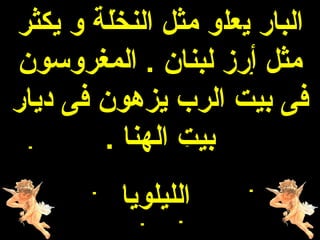‫البار يعلو مثل النخلة و يكثر‬
‫مثل أرز لبنان . المغروسون‬
‫فى بيت الرب يزهون فى ديار‬
        ‫بيت الهنا .‬
          ‫الليلويا‬
 