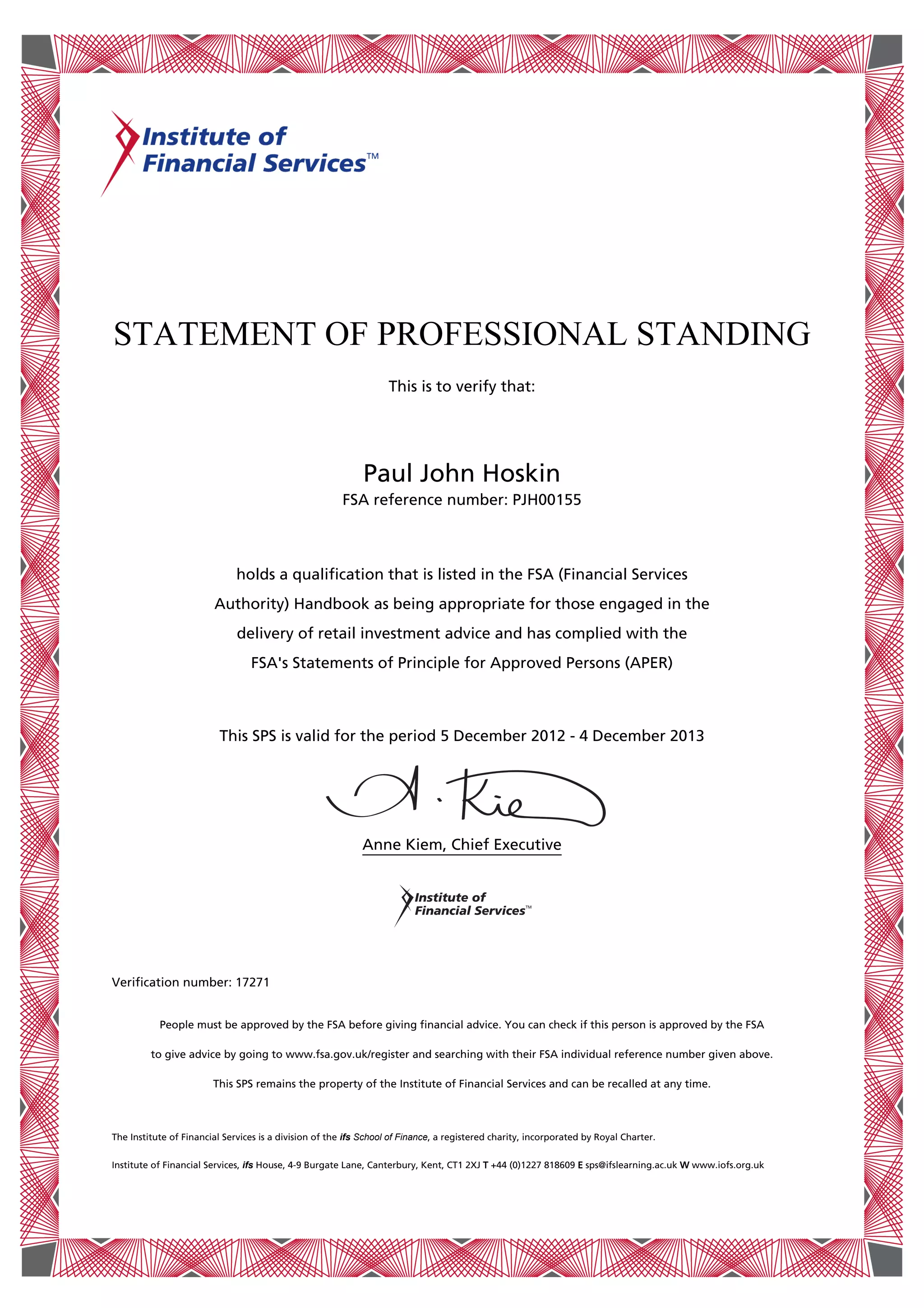 Paul Hoskin statement of proessional standing 5 dec 2012-4 dec 2013 | PDF