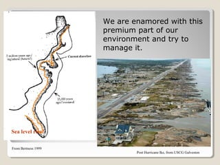 We are enamored with this 
premium part of our 
environment and try to 
manage it. 
Sea level rise? 
From Bertness 1999 
Post Hurricane Ike, from USCG Galveston 
 