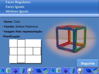 Nome:  Cubo Família:  Sólidos Platónicos Imagem /foto /representação: Planificação: Seguinte 
