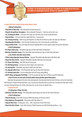 E. BAN TỔ CHỨC & BAN GIÁM KHẢO BÌNH CHỌN
l

Đồng Trưởng Ban:

– Ông Nam Vị Nhạ Kệt – Bộ trưởng Bộ Công thương Lào
– Ông Bo Seng Kham Vongdara – Bộ trưởng Bộ Thông tin – Văn hóa và Du lịch Lào
– Gs. Vs Đặng Vũ Minh – Chủ tịch Liên hiệp các Hội Khoa học và Kỹ thuật Việt Nam
– Ông Vũ Mão – Chủ tịch Hội Hữu nghị Việt Nam - Campuchia
– GS. Hoàng Chương - TGĐ Trung tâm Nghiên cứu Bảo tồn & Phát huy Văn hóa dân tộc Việt Nam
– Ông Nguyễn Văn Biên – Phó Chủ tịch thường trực Liên minh Hợp tác xã Việt Nam
– Ông Lê Khắc Triết – Chủ tịch Hiệp hội Doanh Nghiệp Nhỏ và Vừa ngành nghề nông thôn Việt Nam
l

Phó Trưởng Ban:

- TS. Phạm Việt Long - Tổng Biên tập Tạp chí Văn hiến Điện tử Việt Nam
- Nhà báo Trần Đức Trung - Phó Tổng Biên tập thường trực Tạp chí Văn hiến Việt Nam
l

Các Thành viên Ban Giám khảo:

– Thiếu tướng Nguyễn Quang Thống – Nguyên Tổng Biên tập Báo Quân đội Nhân dân
– Ông Trần Đức Chính – Nguyên Tổng Biên tập Báo Nhà báo và Công luận
– TS. Phạm Tất Thắng – Phó TBT Tạp chí Cộng sản
– TS. Bùi Đặng Dũng – Ủy ban tài chính, Ngân sách Quốc hội
– TS. Hoàng Hải – Tổng Biên tập Tạp chí Mặt trận Việt Nam
– TS. Nguyễn Minh San – Phó Tổng Biên tập Tạp chí Văn hiến Việt Nam
– TS. Hoàng Xuân Hòa – Q. Vụ trưởng Ban kinh tế Trung ương Đảng
– NSƯT, Nhạc sỹ Nguyễn Thế Phiệt – CVP Trung tâm NC Bảo tồn và Phát huy VHDT Việt Nam
l

Ban Tổ chức sẽ mời một số thành phần tham gia Ban giám khảo gồm:

Đại diện Văn phòng Chính phủ, Văn phòng Quốc hội; Đại diện Bộ Văn hóa Thể thao và Du lịch; Đại diện
Bộ Thông tin Truyền thông Việt Nam, Lào, Campuchia; Đại diện Đại sứ quán Lào, Campuchia; Đại diện nhiều
cơ quan thông tấn báo chí, nhiều nhà khoa học uy tín trong và ngoài nước…
E. BAN THƯ KÝ
l Trưởng

ban (Tổng Thư ký):

– Nhà báo Trần Đức Trung – Phó Tổng Biên tập thường trực Tạp chí Văn hiến Việt Nam
l

Phó Trưởng ban:

– Ông Vũ Quảng - Giám đốc Công ty TNHH Xây dựng và Thương mại VL
– Ông Siphone Thongsanith - Tổng Giám đốc Tập đoàn S-P
– Ông Võ Văn Chót - Trưởng ban - BLL - CCB - Quân khu Thừa Thiên Huế
– Ông Trần Đức Thành - Giám đốc Công ty TNHH Thương mại XNK Phết Mung Khun – Lào

23

 