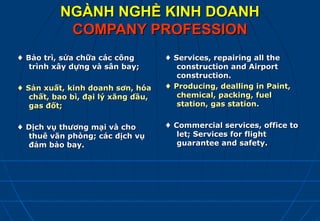 NGÀNH NGHỀ KINH DOANH
           COMPANY PROFESSION
♦ Bảo trì, sửa chữa các công        ♦ Services, repairing all the
   trình xây dựng và sân bay;          construction and Airport
                                       construction.
♦ Sản xuất, kinh doanh sơn, hóa     ♦ Producing, dealling in Paint,
   chất, bao bì, đại lý xăng dầu,      chemical, packing, fuel
   gas đốt;                            station, gas station.


♦ Dịch vụ thương mại và cho         ♦ Commercial services, office to
  thuê văn phòng; các dịch vụ          let; Services for flight
  đảm bảo bay.                         guarantee and safety.
 