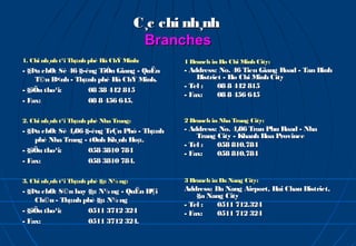 C¸c chi nh¸nh
                                         Branches
1. Chi nh¸nh t¹i Thµnh phè Hå ChÝ Minh:        1 Branch in Ho Chi Minh City:
- §Þa chØ: Sè 46 §­êng TiÒn Giang - QuËn       - Address: No. 46 Tien Giang Road - Tan Binh
    T©n B×nh - Thµnh phè Hå ChÝ Minh.              District - Ho Chi Minh City
                                               - Tel :    08 8 442 815
- §iÖn tho¹i:       08 38 442 815
                                               - Fax:     08 8 456 645
- Fax:              08 8 456 645.

2. Chi nh¸nh t¹i Thµnh phè Nha Trang:          2 Branch in Nha Trang City:
- §Þa chØ: Sè 4/ §­êng TrÇn Phó - Thµnh
               86                              - Address: No. 4/ Tran Phu Road - Nha
                                                                86
                                                   Trang City - Khanh Hoa Province
    phè Nha Trang - tØnh Kh¸nh Hoµ.
                                               - Tel :   058 810.784
- §iÖn tho¹i:       058 3810 784               - Fax:    058 810.784
- Fax:              058 3810 784.

3. Chi nh¸nh t¹i Thµnh phè §µ N½ ng:           3 Branch in Da Nang City:
- §Þa chØ: S©n bay §µ N½ ng - QuËn H¶i         Address: Da Nang Airport, Hai Chau District,
                                                   §a Nang City
    Ch©u - Thµnh phè §µ N½ ng
                                               - Tel :   0511 712.324
- §iÖn tho¹i:      0511 3712 324               - Fax:    0511 712 324
- Fax:             0511 3712 324.
 