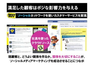 満足した顧客はポジな影響力を与える
   ソーシャルネットワークを使いカスタマーサービスを実現




         社員を使った
         クラウドソース



現顧客と、どうよい関係を作るか。関係を大切にすることが、
 ソーシャルメディアマーケティングを成功させることにつなが
                            18

               る。
 