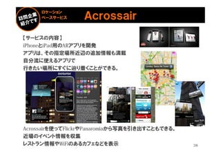 ロケーション
     ベースサービス     Ａｃｒｏｓｓａｉｒ
【サービスの内容】
iPhoneとiPad用のARアプリを開発
アプリは、その指定場所近辺の追加情報も満載
自分流に使えるアプリで
行きたい場所にすぐに辿り着くことができる。




Acrossairを使ってFlickrやPanaromiaから写真を引き出すこともできる。
近場のイベント情報を収集
レストラン情報やWiFiのあるカフェなどを表示                         38
 