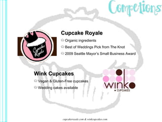 cupcakeroyale.com & winkcupcakes.com Cupcake Royale Organic ingredients Best of Weddings Pick from The Knot 2009 Seattle Mayor’s Small Business Award Wink Cupcakes Vegan & Gluten-Free cupcakes Wedding cakes available 