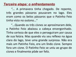 Terceira etapa: o enfrentamento
“... A primavera tinha chegado. De repente,
três grandes pássaros pousaram no lago. Eles
eram como os belos pássaros que o Patinho Feio
tinha visto no outono...”
“...Quando os três cisnes se aproximaram dele,
o Patinho Feio abaixou a cabeça envergonhado.
Tinha certeza de que eles o perseguiram por causa
de sua feiúra. Mas quando viu seu reflexo na água
clara do lago, teve uma grande surpresa. Não era
mais um Patinho Feio, era um lindo cisne. Sempre
fora um cisne. O Patinho Feio se uniu ao grupo de
cisnes e finalmente pôde ser feliz.
 