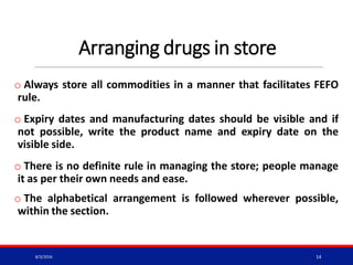 Arranging drugs in store
o Always store all commodities in a manner that facilitates FEFO
rule.
o Expiry dates and manufacturing dates should be visible and if
not possible, write the product name and expiry date on the
visible side.
o There is no definite rule in managing the store; people manage
it as per their own needs and ease.
o The alphabetical arrangement is followed wherever possible,
within the section.
8/3/2016 14
 