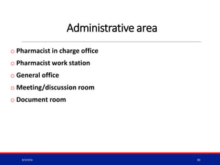 Administrative area
o Pharmacist in charge office
o Pharmacist work station
o General office
o Meeting/discussion room
o Document room
8/3/2016 30
 