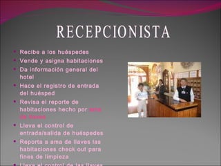 Recibe a los huéspedes Vende y asigna habitaciones Da información general del hotel Hace el registro de entrada del huésped Revisa el reporte de habitaciones hecho por  ama de llaves Lleva el control de entrada/salida de huéspedes Reporta a ama de llaves las habitaciones check out para fines de limpieza Lleva el control de las llaves de la habitación RECEPCIONISTA 